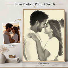Original couple photo shown beside the finished pencil-style portrait sketch transformation.
