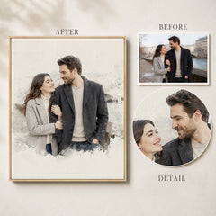 Before-and-after view showing a couple photo transformed into a custom watercolor portrait with close-up facial detail.