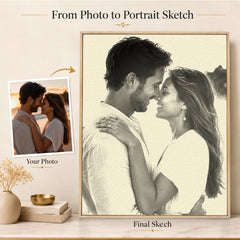 Before and after photo transformation into a custom pencil-style portrait sketch.