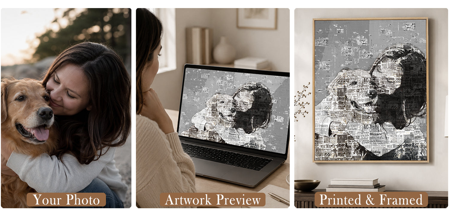 Original pet photo, artwork preview on a laptop, and framed custom photo wall art shown before production