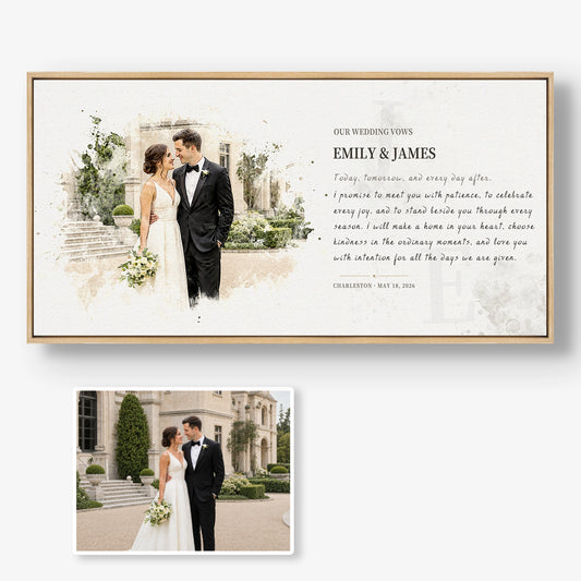 Wedding photo compared with a personalized watercolor-style wedding vows portrait in a natural walnut frame.