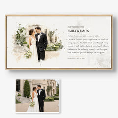 Wedding photo compared with a personalized watercolor-style wedding vows portrait in a natural walnut frame.